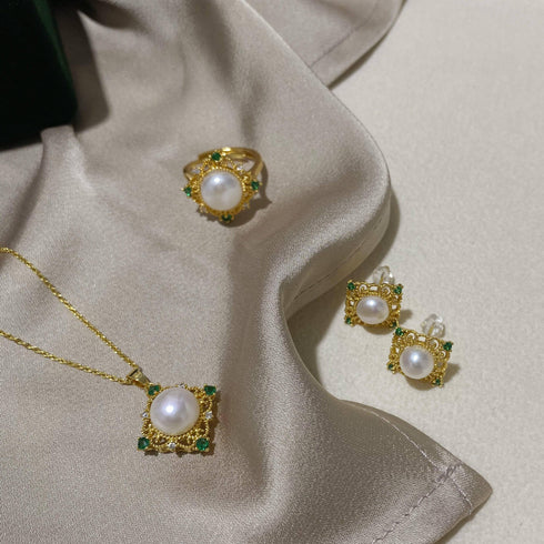 Green Square Pendant White Freshwater Pearl Jewelry Set - House Of Pearls